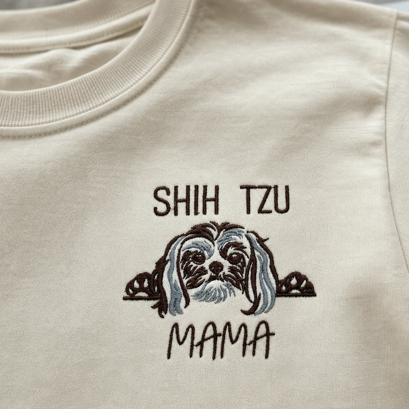 Custom Shih Tzu Outline T-Shirt - Minimalist Embroidered Pet Photo Line Art Tee & Name for Dog Parent