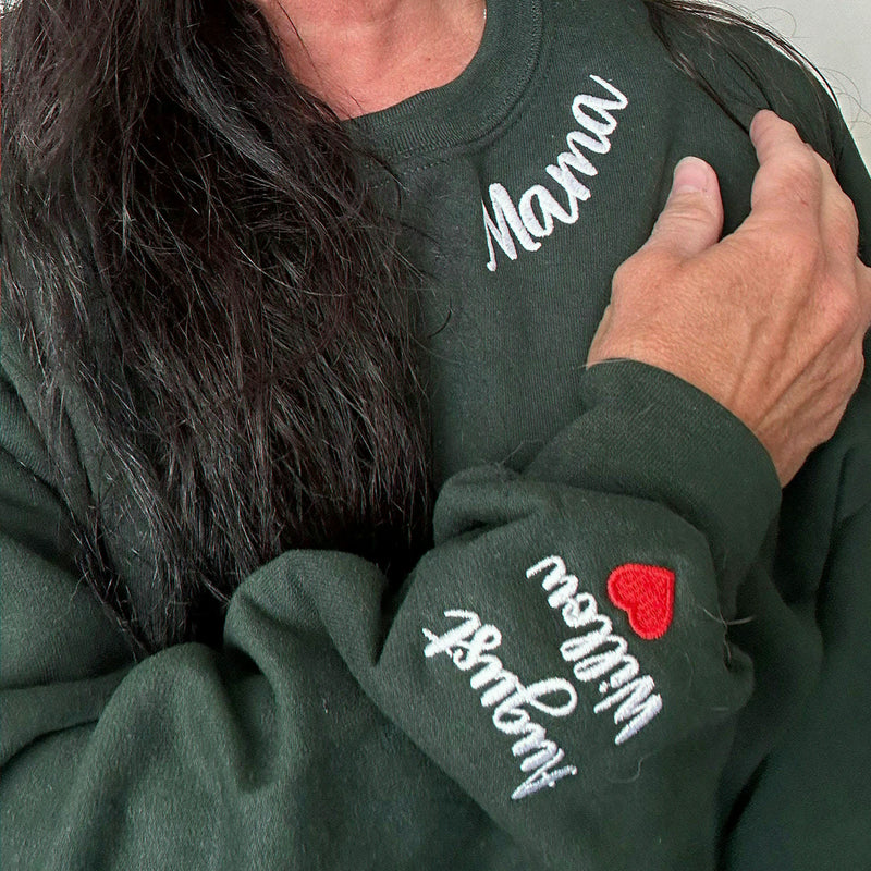 Custom Embroidered Collar & Sleeve Sweatshirt, Personalized Birthday Mama Grandma Auntie Gift