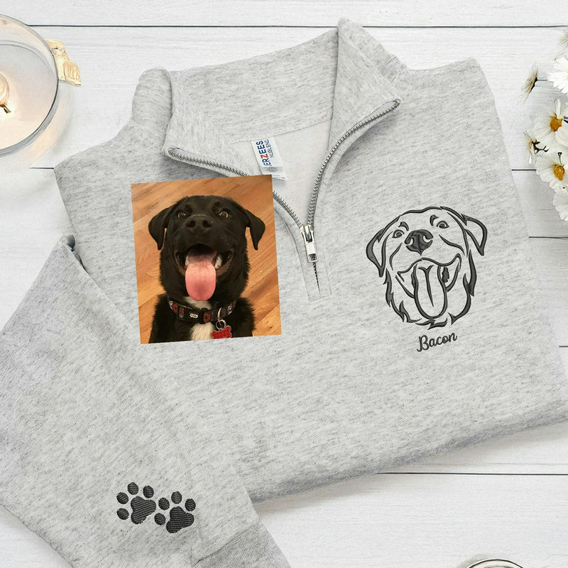 Ash Quarter Zip Sweatshirt Dog Portrait from Photo Embroidered, Gift for Dog Dad