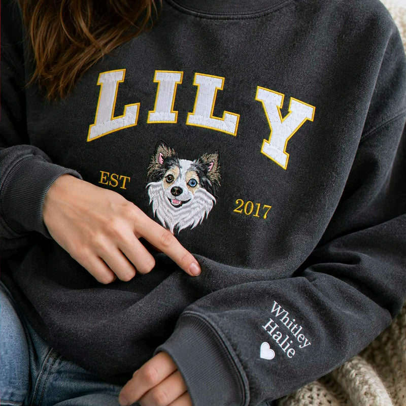 Custom Dog Memorial Sweatshirt for Girlfriend - Embroidered Pet Photo Portrait Crewneck & Name - Dog Loss Sympathy Gift for Her