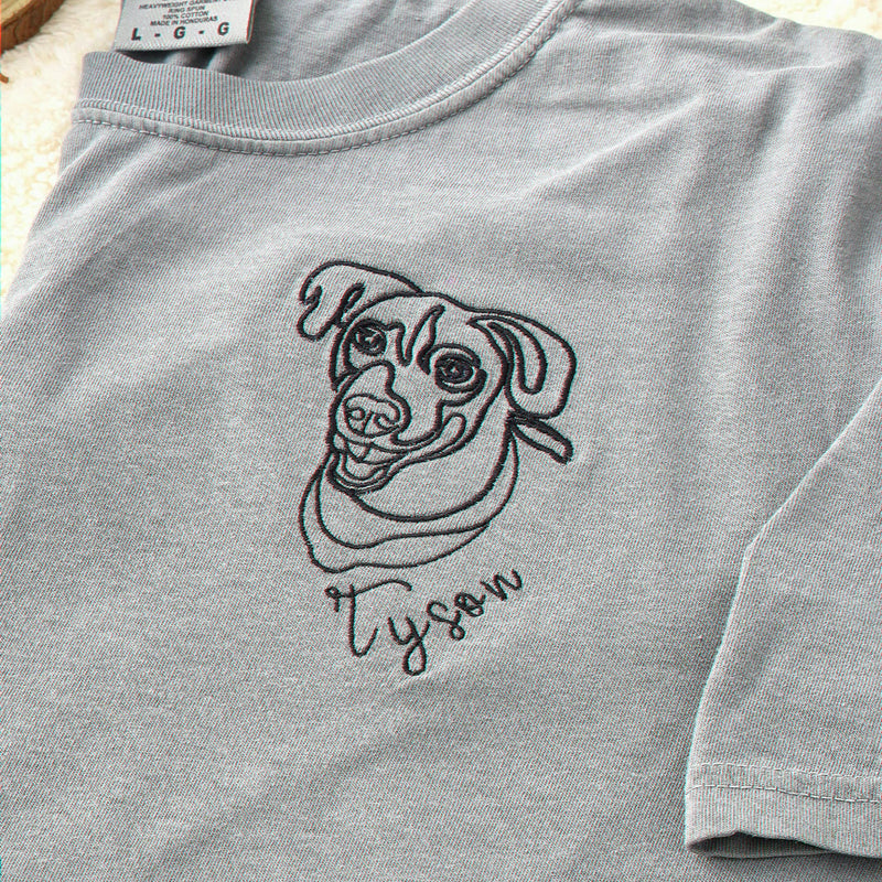 Custom Dog Line Art Shirt for Remembrance Gift - Embroidered Photo Portrait Tee