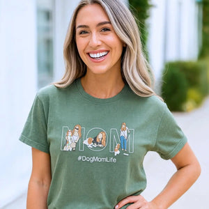 Custom embroidered t-shirt with a dog’s photo and name for dog moms, ideal personalized pet gift