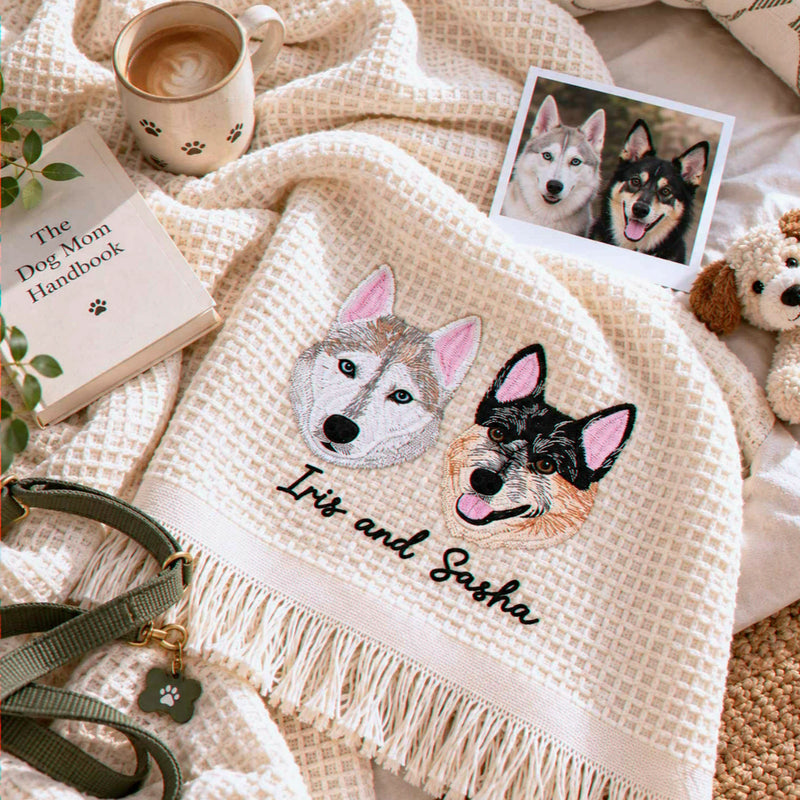 Custom Pet Photo Blanket with Name, Embroidered Dog Portrait Waffle Throw Blanket, Christmas Gift for Dog Mom