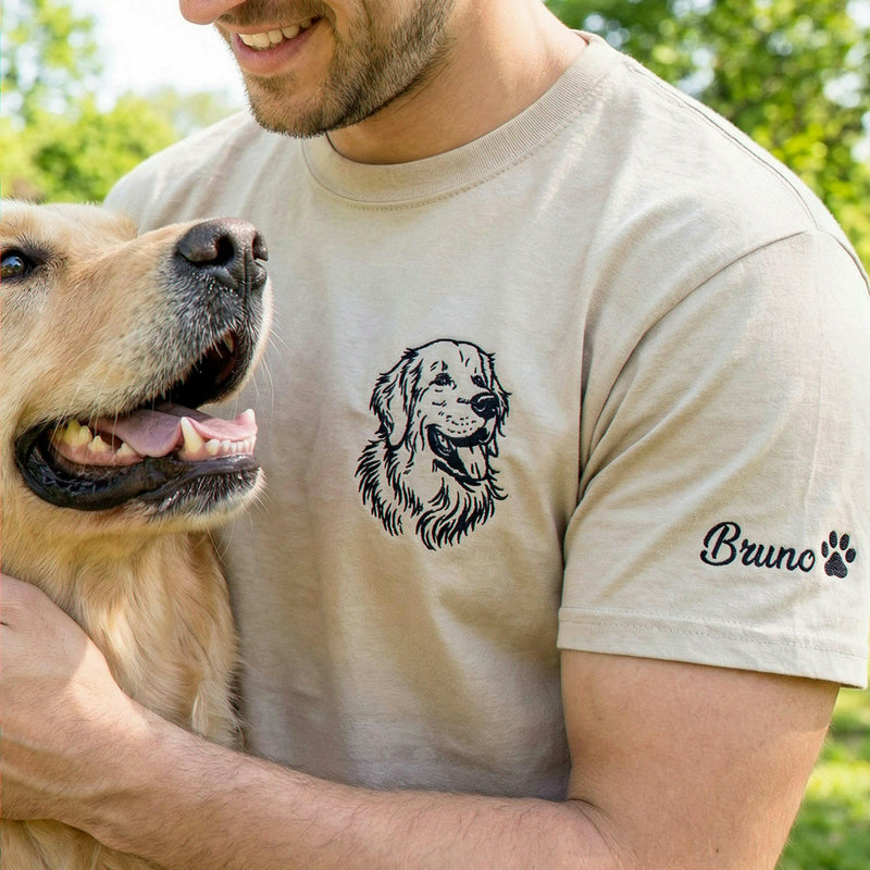 Custom Dog Portrait T-Shirt for Dog Dad - Embroidered Golden Retriever Photo or Name