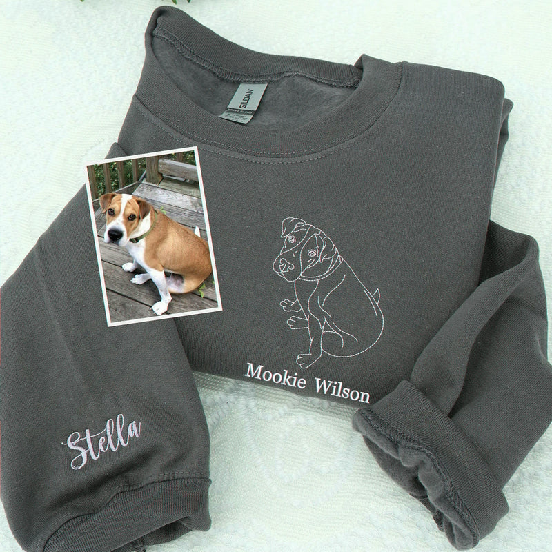 Custom Dog Outline Sweatshirt for Birthday Wife - Minimalist Embroidered Pet Photo Crewneck & Name - Gift for Her