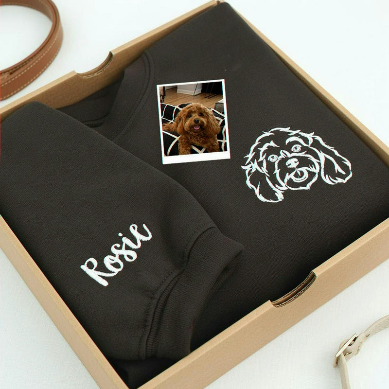 Custom New Dog Outline Sweatshirt for Wife - Embroidered Pet Photo Crewneck & Name - First Time Dog Mom Gift for Her