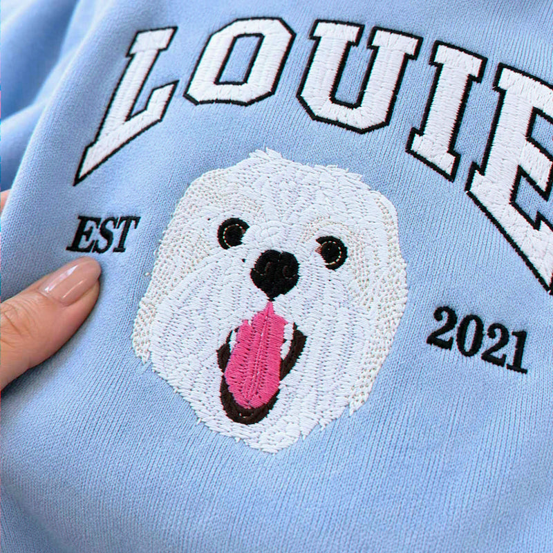 Custom New Dog Portrait Sweatshirt for Girlfriend - Embroidered Pet Photo Crewneck & Name - First Time Dog Mom Gift for Her