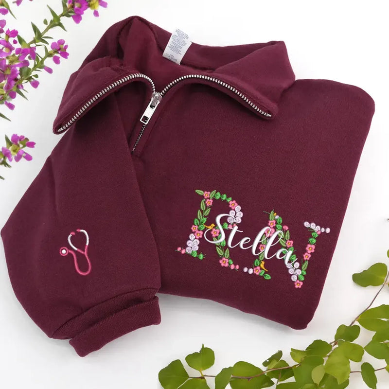 Personalized Floral RN Name Quarter Zip, Custom Embroidered Nurse Week, Birthday, Mother's Day Gift