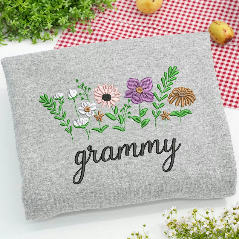 Embroidered Wildflower Gammy Sweatshirt - Personalized Grandkids Names on Sleeve
