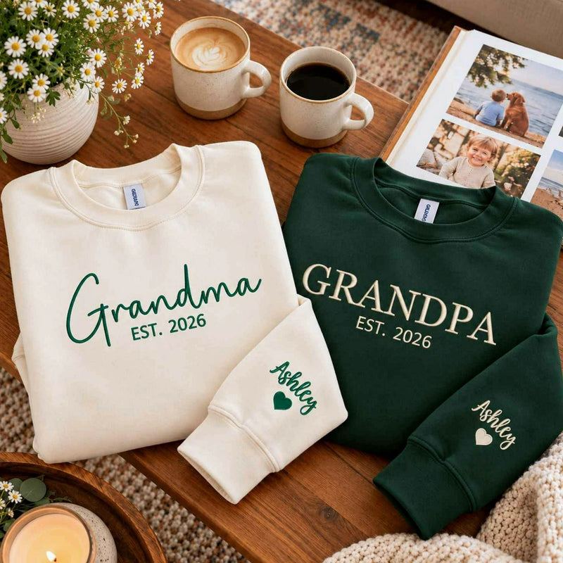 Matching Grandma and Grandpa Sweatshirts, Personalized Embroidered Grandkids Name, New Grandparents Gift