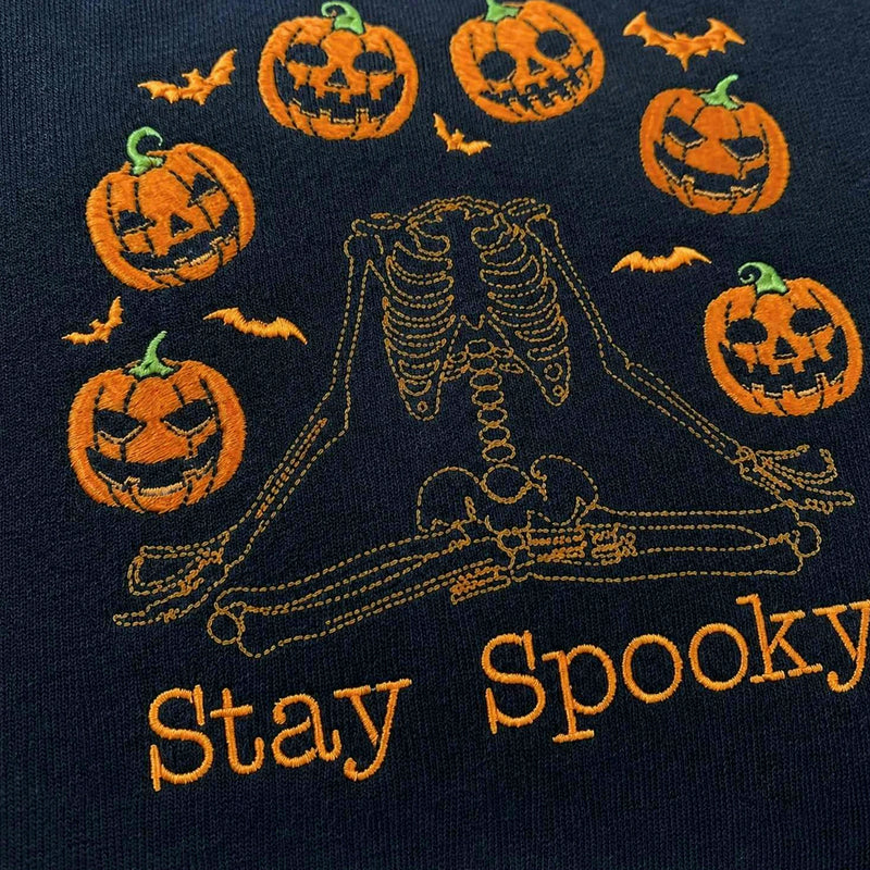 Halloween Stay Spooky Pumpkin Sweatshirt, Embroidered Skeleton Hoodie