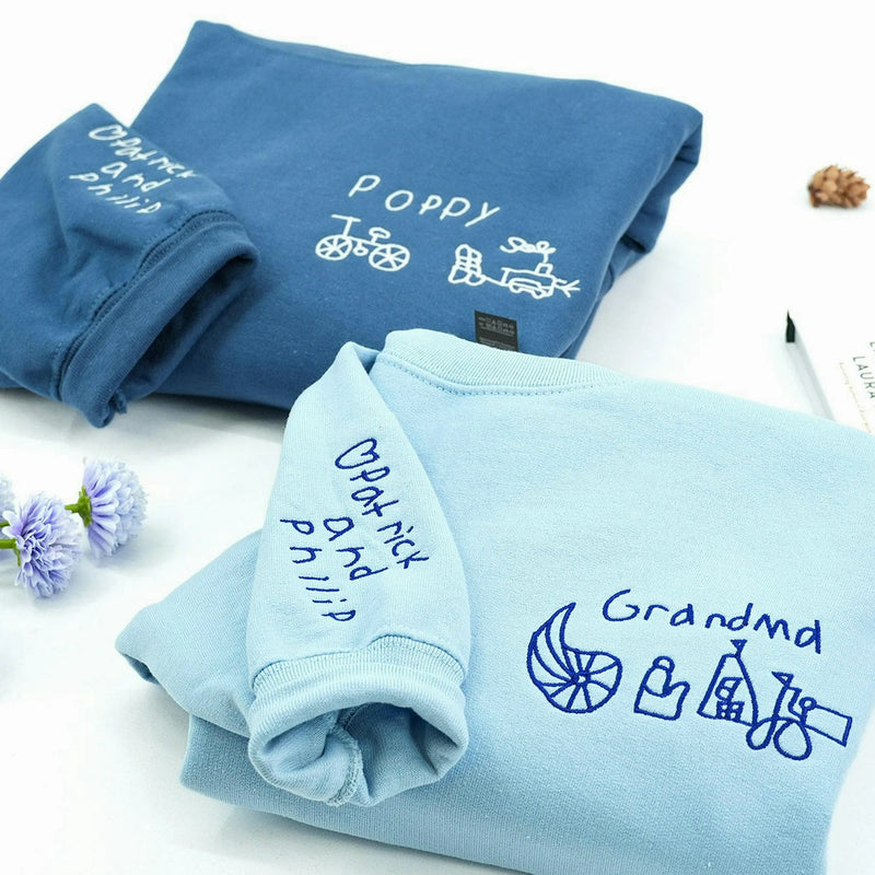 Custom Grandma Grandpa Matching Sweatshirts With Embroidered Kids Drawing and Handwriting, Grandparents Gift
