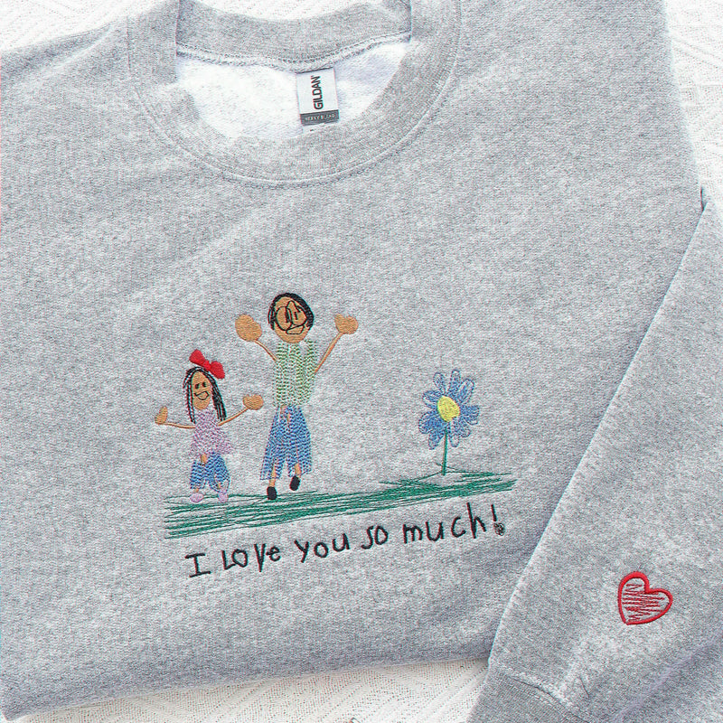 Custom Kids Drawing Sweatshirt, Embroidered Child Art Gift for Mom or Dad