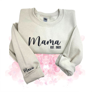 Mama Sweatshirt or Hoodie with Kids Names on Sleeve, Custom Embroidered Gift for Mother's Day