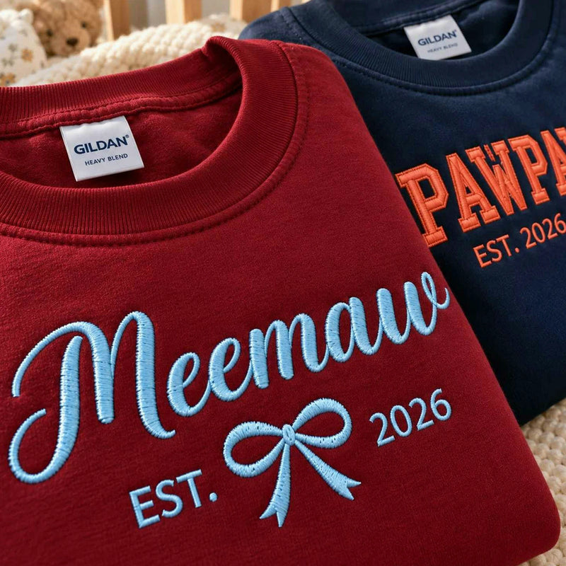 Matching Meemaw and Pawpaw Sweatshirts, Custom Embroidered Name Crewneck, First Christmas Grandparents Gift