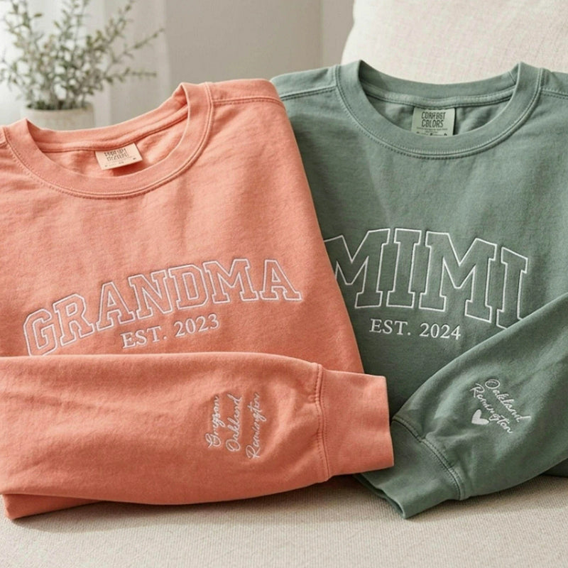 Embroidered First Time Grandma Sweatshirt - Personalized Mimi Est Year Crewneck with Kid's Name's