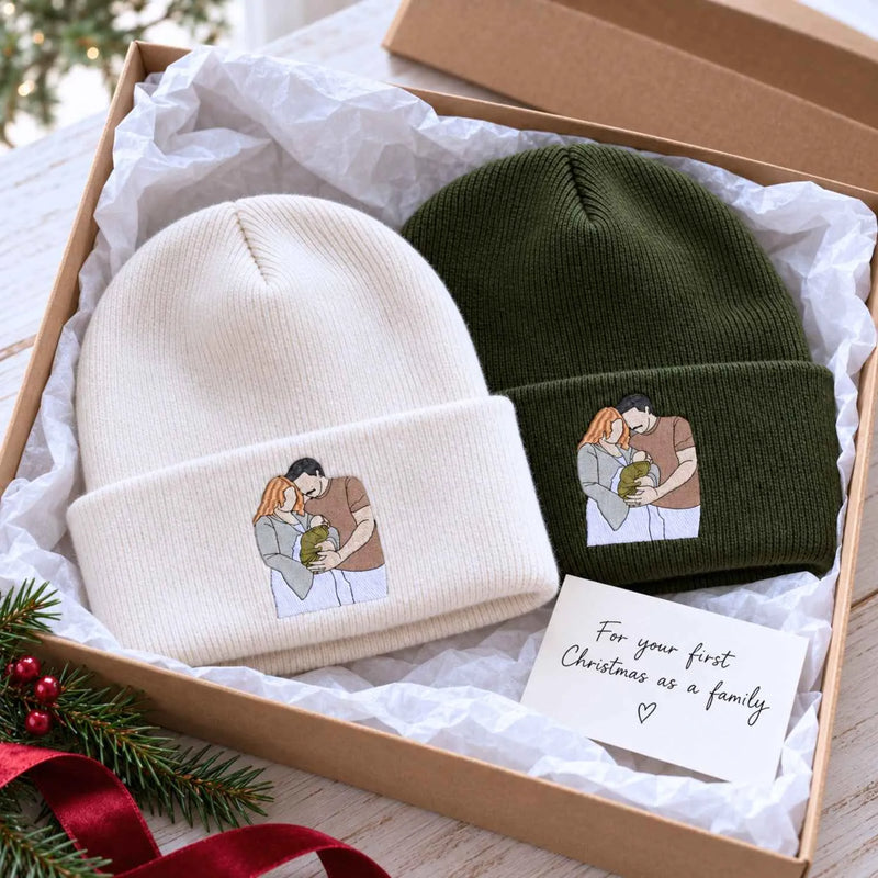 Custom Mom Dad Portrait Beanie, Embroidered Photo Knit Hat for New Mom Dad, Matching Family Christmas Gifts