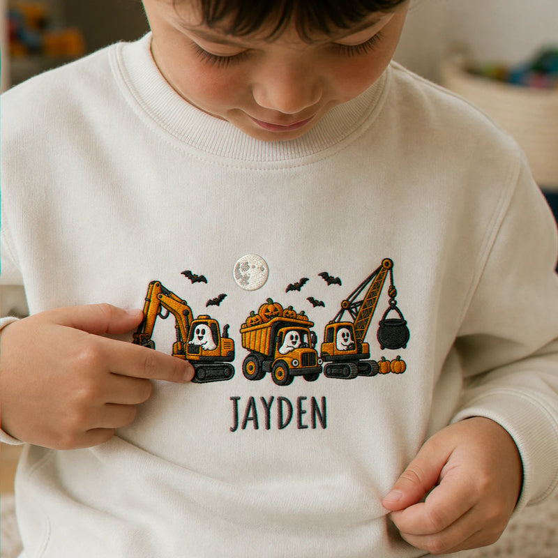 Personalized Construction Halloween Kid Sweatshirt - Embroidered Boys Name with Pumpkin Truck Sweater