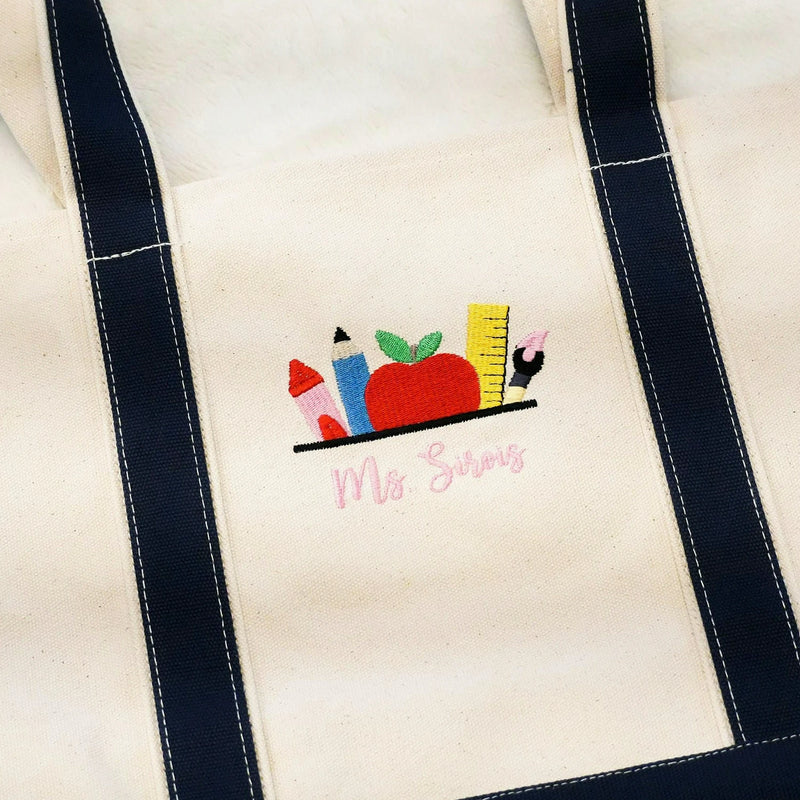 Personalized Preschool Teacher Name Embroidered Tote Bag - Apple Pencil Icon.