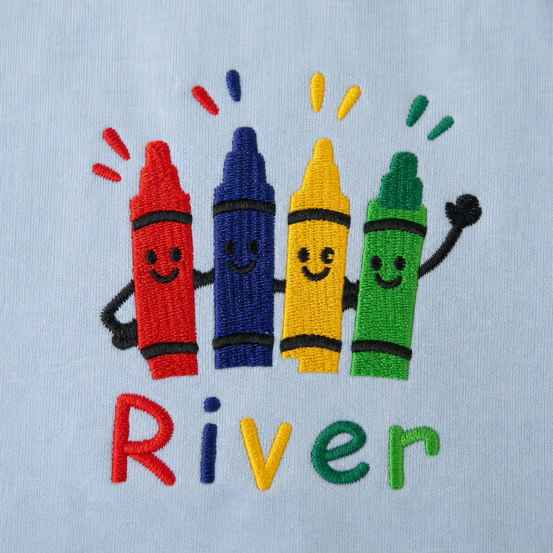 Personalized Kindergarten T-shirt for Back to School - Embroidered Kids Name Tee with Colorful Crayons