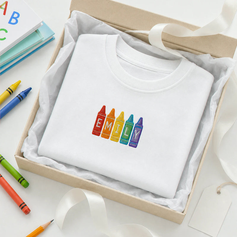 Personalized First Day of Preschool T-shirt for Toddler - Embroidered Name Rainbow Crayon Tee, First School Gift