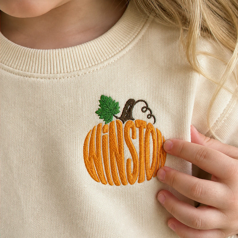 Personalized Halloween Toddler Sweatshirt for Pumpkin Patch Visit - Embroidered Minimalist Pumpkin Name Sweater