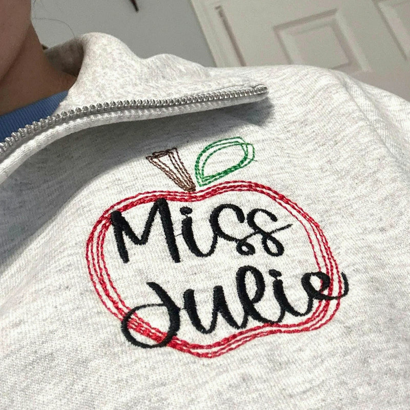 Personalized Back to School Teacher Quarter Zip - Embroidered Apple Name Frame, Teacher Appreciation Gift