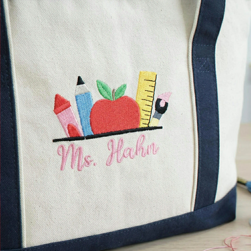 Personalized Back to School Teacher Canvas Tote Bag - Embroidered Name with Classroom Elements, Teacher Appreciation Gift