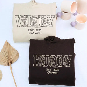 Custom embroidered wedding sweatshirt with couple’s portrait, ideal gift for engagement or bridal party