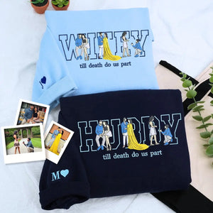 Custom embroidered wedding sweatshirt with couple’s portrait, ideal gift for engagement or bridal party