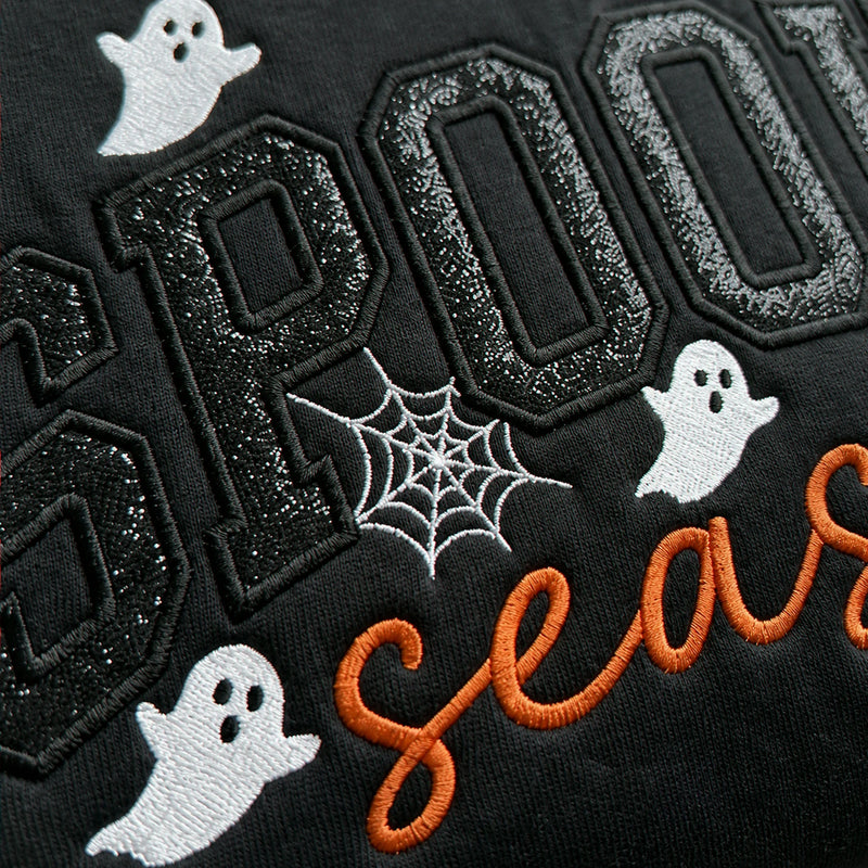 Spooky Season Glitter Applique Kids Sweatshirt - Embroidered Halloween Black Cat & Bat Sweater, Autumn Gift