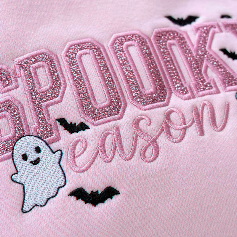 Spooky Season Glitter Halloween Sweatshirt, Embroidered Ghost Bat Crewneck, Cute Fall Gift for Her