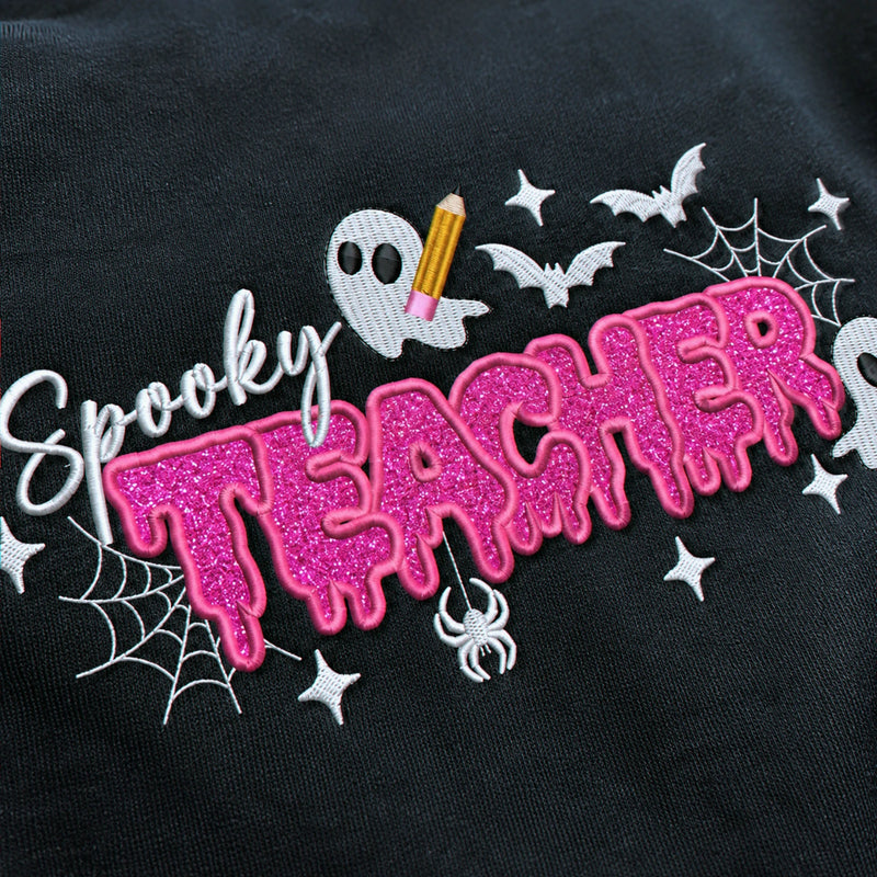 Spooky Teacher Applique Glitter Halloween Sweatshirt, Embroidered Funny Teach Crewneck, Teacher Gift