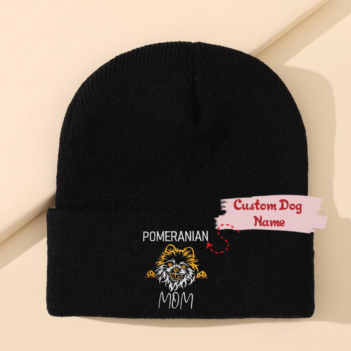 Custom Pomeranian Dog Mom Embroidered Beanie, Personalized Beanie with Dog Name, Best Gifts For Pomeranian Lovers