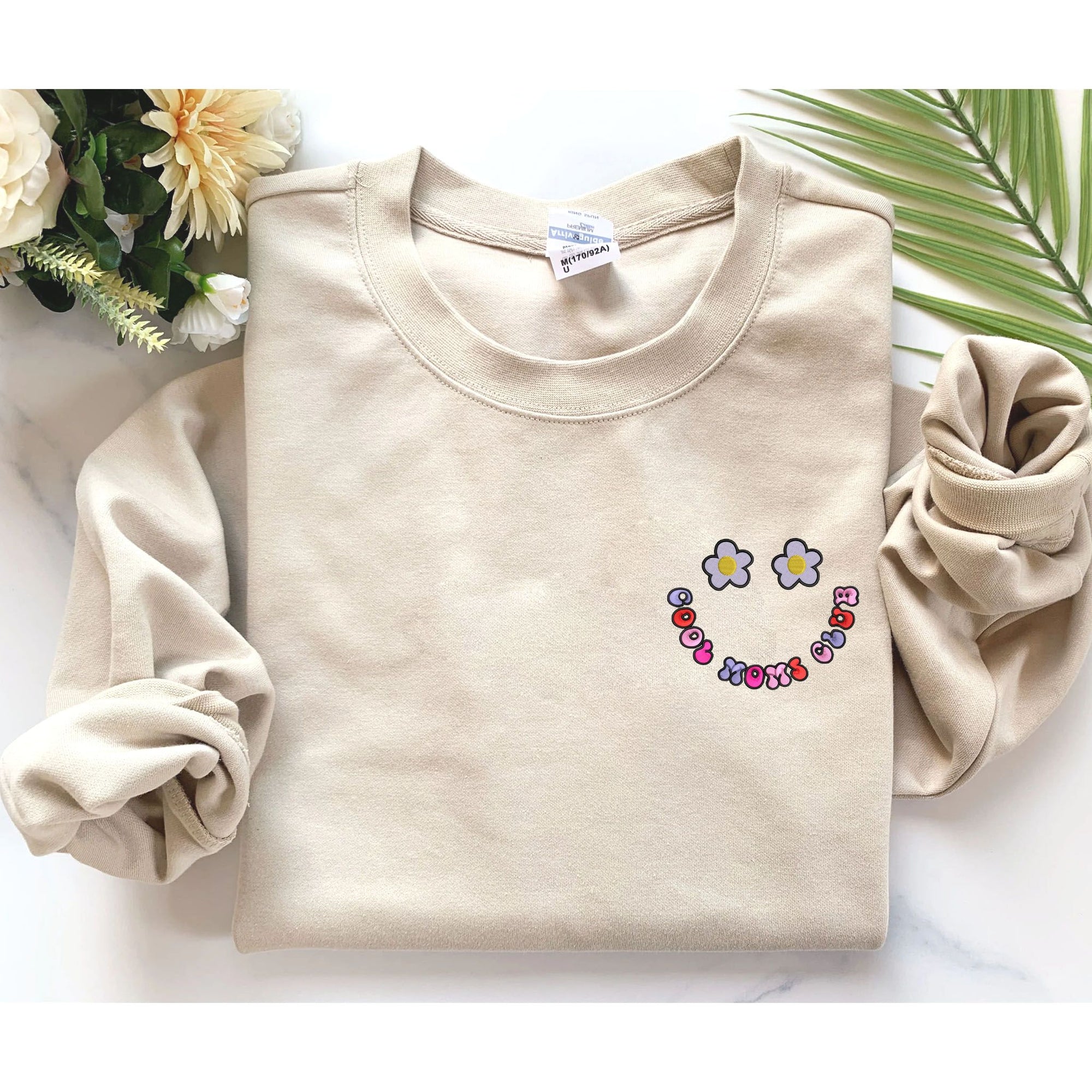 Custom Embroidered Smiley Face Cool Mom Club Sweatshirt, Personalized Crewneck With Icon Or Initial On Sleeve