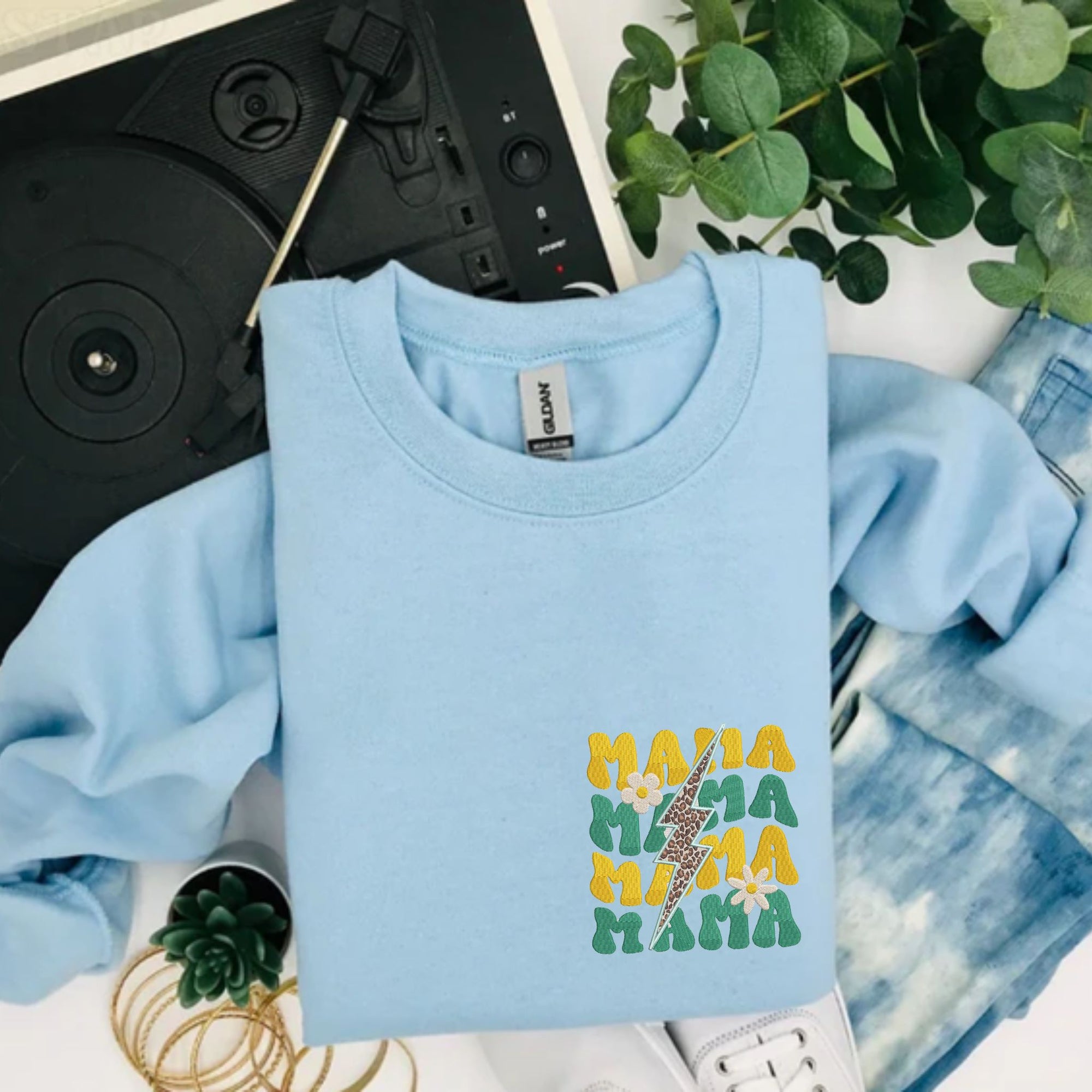 Embroidered Mama Lightning Bolt Sweatshirt, Unique Gift For Mother's Day, Custom Mama with Flower Crewneck