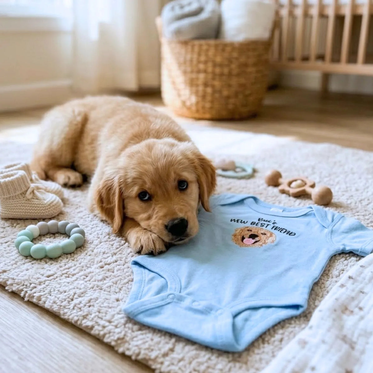 Custom Embroidered Baby Bodysuit Onesie with Pet Photo, Name - New Best Friend