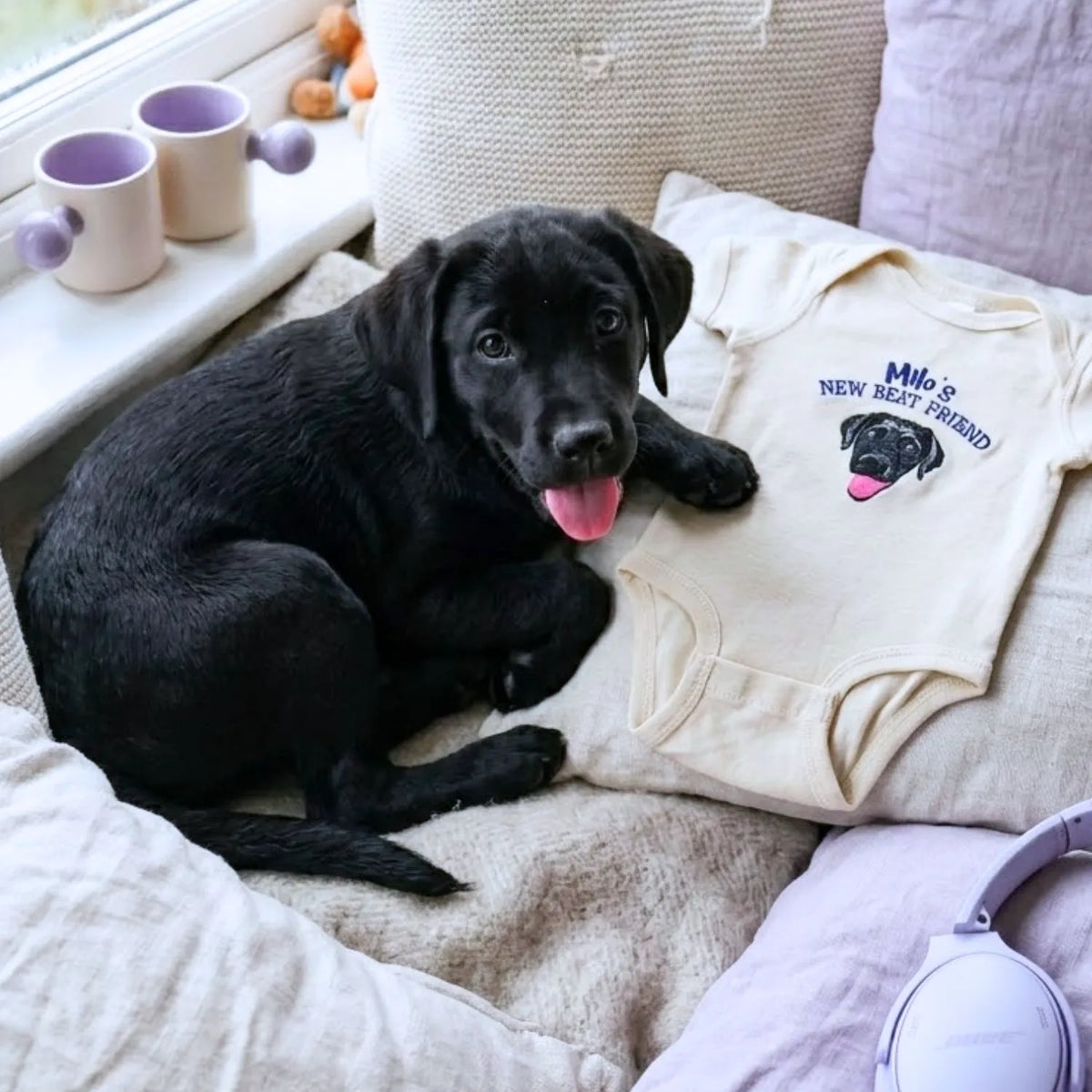 Custom Embroidered Baby Bodysuit Onesie with Pet Photo, Name - New Best Friend