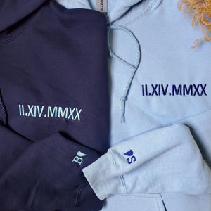 Custom Embroidered Matching Gift for Couple Hoodie with Roman Numeral Initial on Sleeve