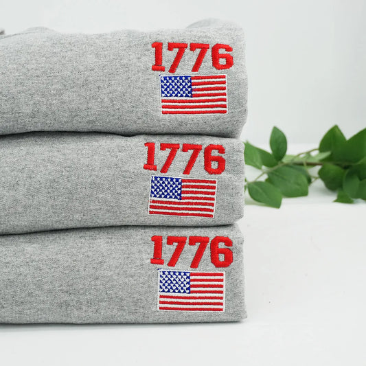 Embroidered 1776 American Flag Sweatshirt or Hoodie – 4th of July Patriotic Apparel