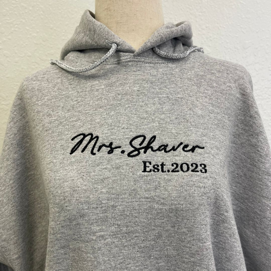 Custom Mrs Sweatshirt Embroidered, Bride Gifts for Honeymoon Wedding Day with Initial Heart or Roman Date on Sleeve - Embroly
