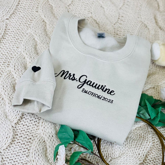 Custom Mrs Sweatshirt Embroidered, Bride Gifts for Honeymoon Wedding Day with Initial Heart or Roman Date on Sleeve - Embroly