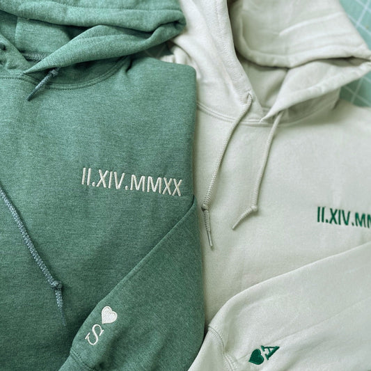 Unique Anniversary Gift for Couple with Embroidered Roman Numerals on Chest Sweatshirt or Hoodie - Embroly