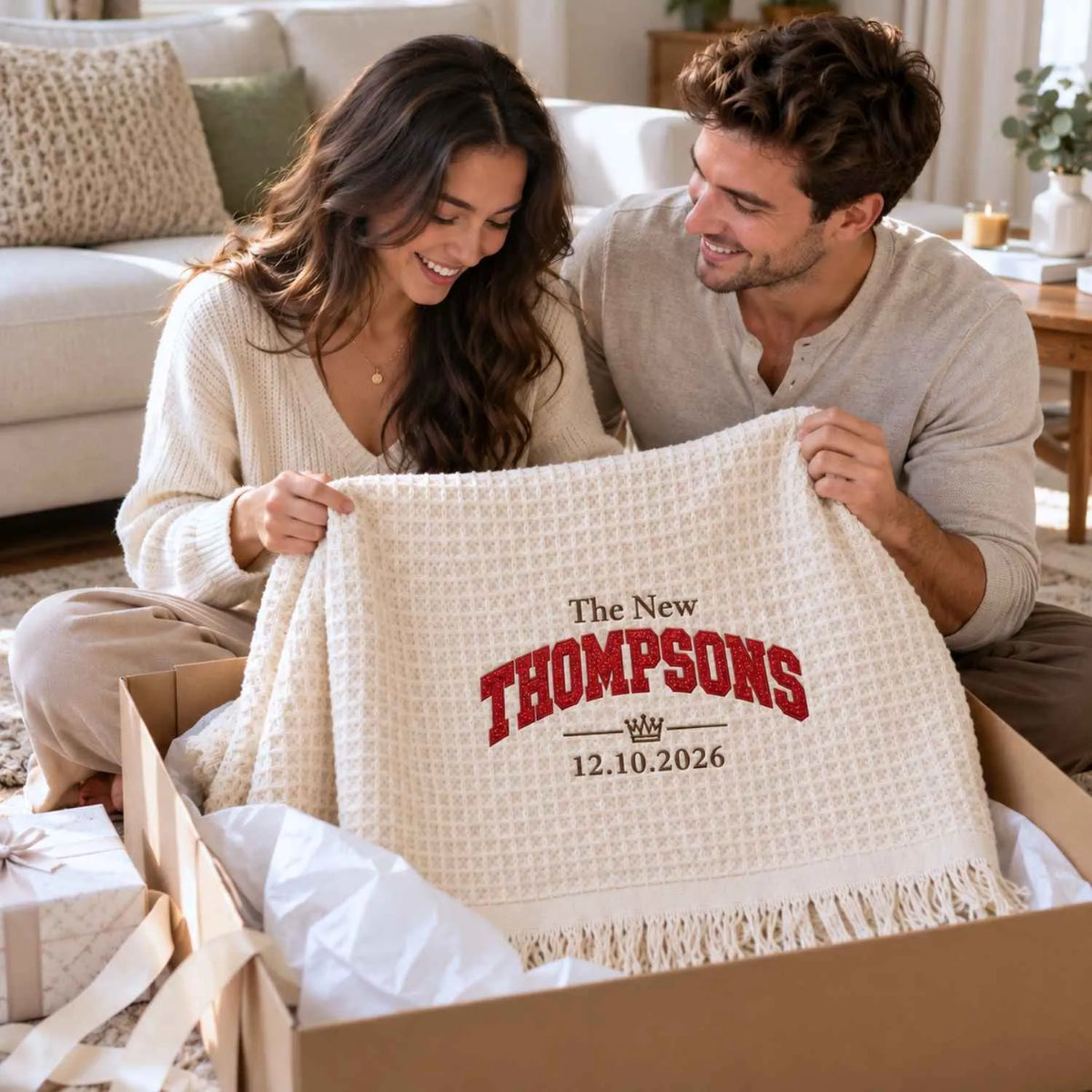 Custom Newlywed Glitter Throw Blanket, Embroidered Last Name with Date Applique Blanket, Home Decor Gift