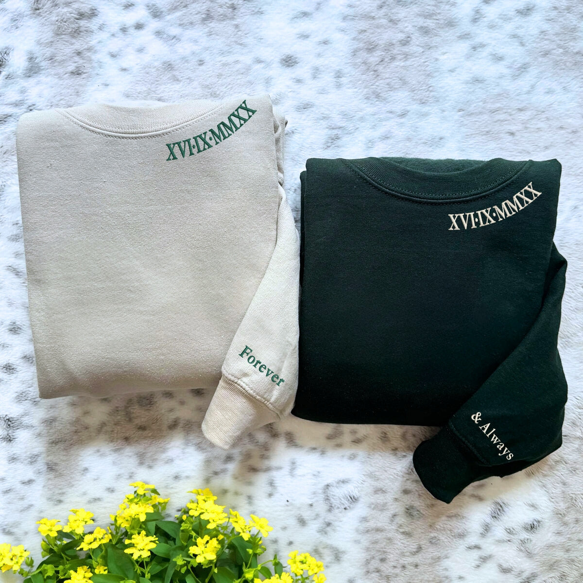 Roman Numerals on Neckline Sweatshirt or Hoodie, Custom Embroidered His And Hers Valentine's Day Gifts