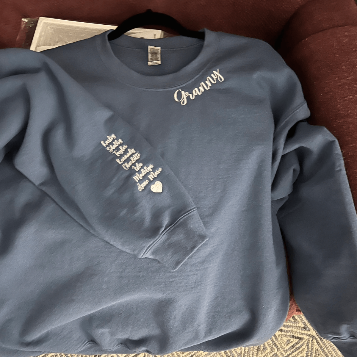 Custom Embroidered Granny Sweatshirt with GrandKids Names on Sleeve Embroly