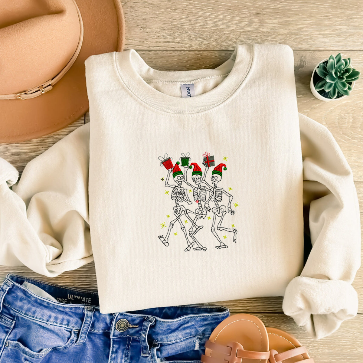 Dancing Skeletons Sweatshirt, Merry Christmas Crewneck Embroidered