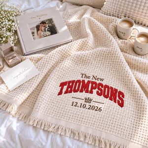 Custom Newlywed Glitter Throw Blanket, Embroidered Last Name with Date Applique Blanket, Home Decor Gift