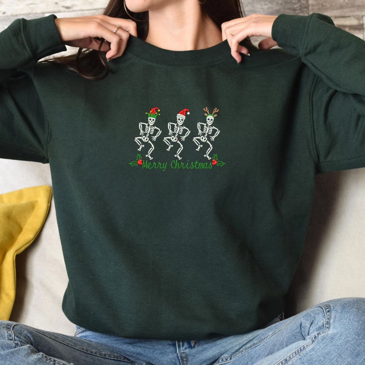 Christmas Skeletons Sweatshirt, Funny Christmas Embroidered Sweatshirt -  Embroly