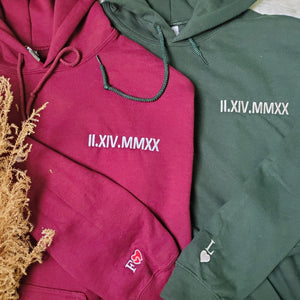 Custom Embroidered Gift for Couple, Roman Numeral Hoodie with Initial on Sleeve